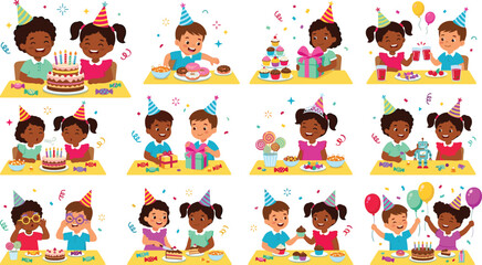 Naklejka premium Happy Diverse Children Birthday Party Vector Character Set with Kids Celebrating Eating Cake Opening Gifts and Playing with Confetti Balloons