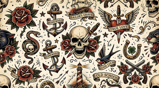Vintage Old School Tattoo Flash Art Seamless Pattern with Skull Roses Anchors and Nautical Elements