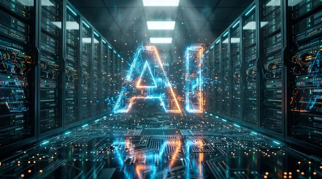 Artificial Intelligence Server Room: A visually stunning digital representation of Artificial Intelligence, with the glowing AI logo at the center.