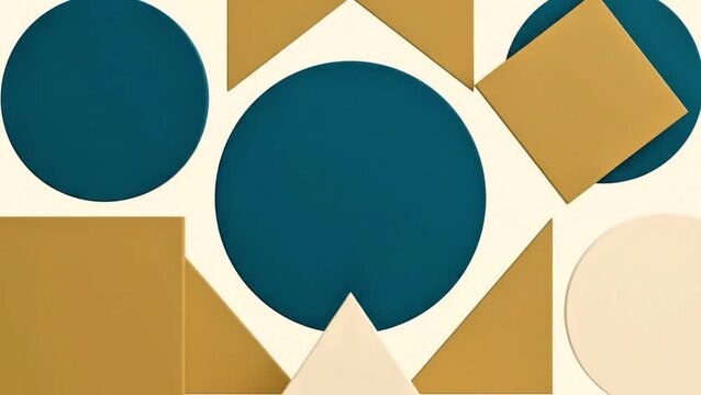 Abstract geometric background with circles triangles and squares in teal and gold colors.