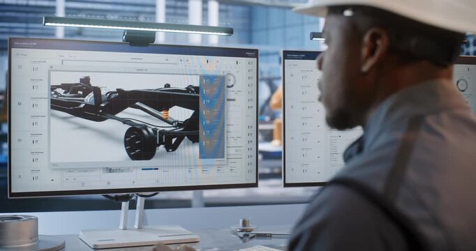 Inside Smart Manufacturing Center, African American Technician Operates Workstation to Program Robotic Arms. High Tech Industrial Automation Streamlines Modern Vehicle Production Line. Robotization.