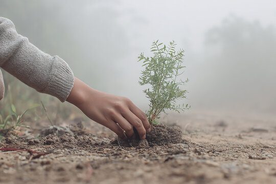 Tree planting photo showing a hand touching soil and sapling in misty landscape