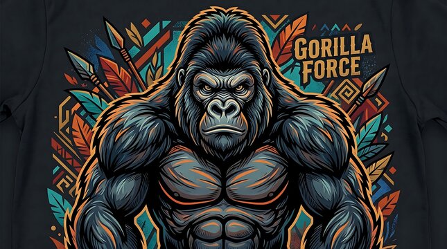 Powerful Muscular Gorilla Mascot Illustration with Tribal Spears and Feathers on Dark Background
