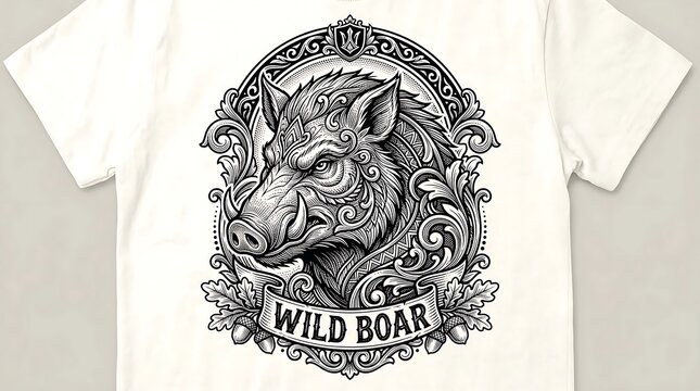 Vintage Wild Boar Emblem with Ornate Filigree and Scrollwork for T-shirt Design or Hunting Mascot
