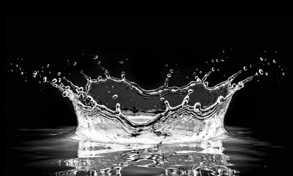 Dramatic water splash forming a crown shape against a stark black background