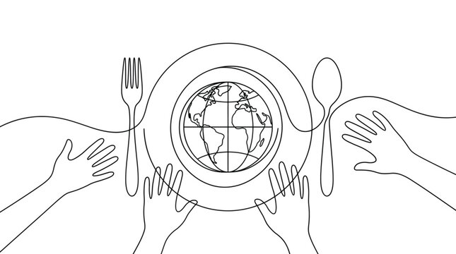 Continuous line drawing of a globe on a plate with hands reaching for food around it