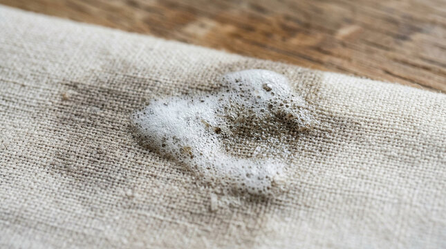 Close up of soap foam on a dirty stain on linen fabric