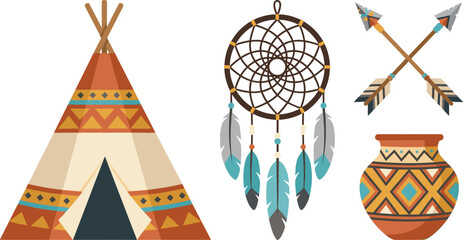 Native American Tribal Vector Set with Traditional Teepee Tent Dreamcatcher Feathers Crossed Arrows and Geometric Pattern Clay Pot Elements © MstRabeya