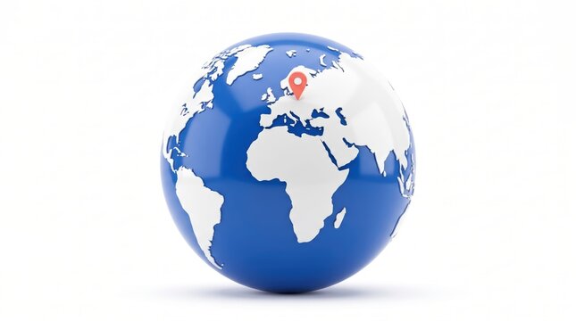 Blue globe earth model with a red location pin marker in europe