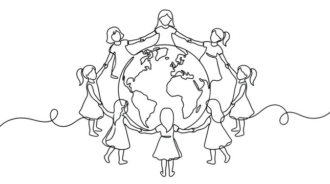 Continuous line drawing of a group of children holding hands around the globe