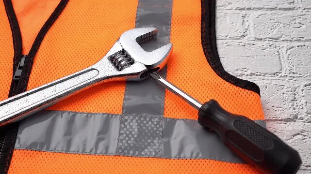 Adjustable wrench and screwdriver resting on high visibility orange wo