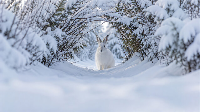 Arctic Hare Sitting in a Snow-Covered Shrub Tunnel
