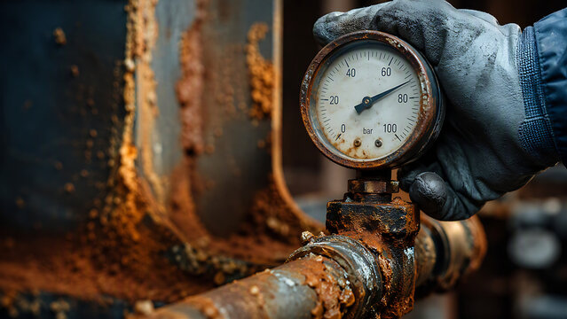 Multiple analog pressure gauges on rusty corroded industrial piping system in dark environment, pressure monitoring equipment