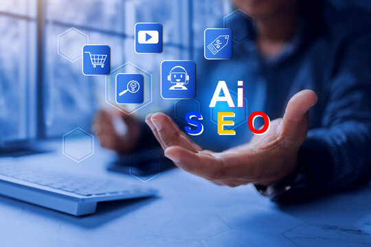AI SEO artificial intelligence search engine optimization concept with a man working to keyword strategy commercial website