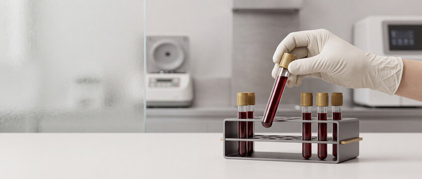 Lab technician holding blood sample test tube in laboratory for diagnostic research