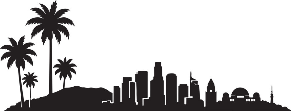 Los Angeles city skyline silhouette with palm trees and landmarks, editable EPS vector clipart for Adobe Stock.