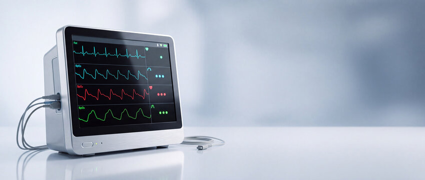 Portable medical heart rate monitor displaying vital signs and ECG waveforms in a clinical hospital setting, advanced healthcare technology for patient diagnostics.