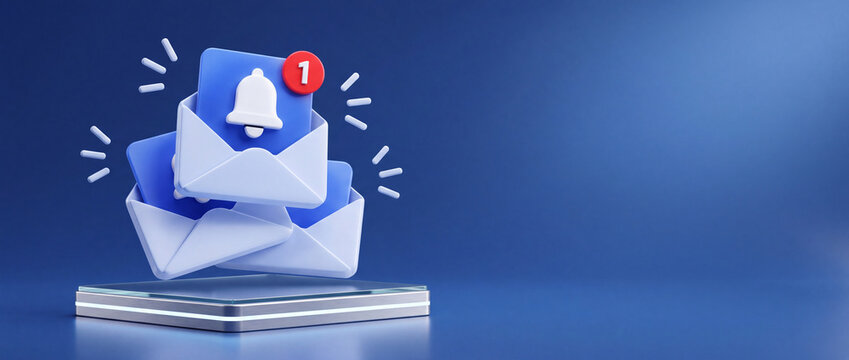 3D digital email envelopes with notification bell icon on glowing podium, representing online message alerts and communication concepts on blue background.