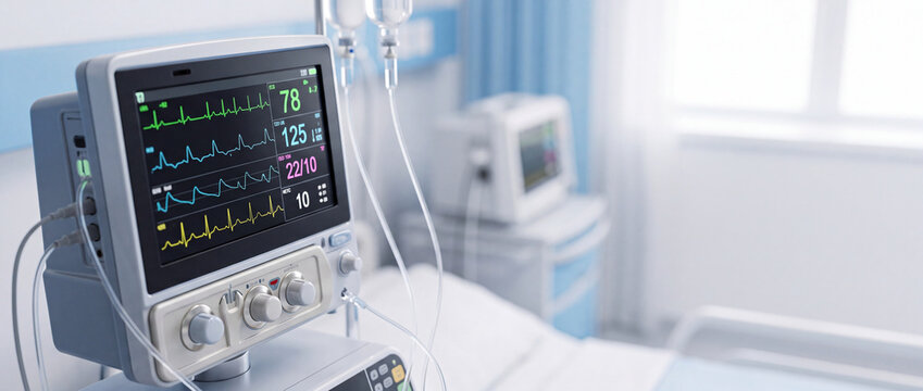 Advanced medical vital signs monitor in a modern hospital intensive care unit, displaying real-time heart rate and ECG waves for professional patient healthcare and clinical diagnostic monitoring.