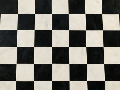 Vintage black and off-white checkerboard texture, worn scratched chessboard surface