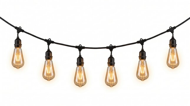 String of glowing vintage edison light bulbs hanging on a black wire