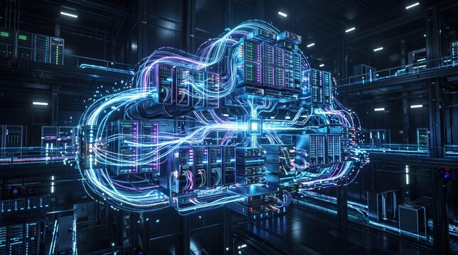 Glowing cloud computing data center server infrastructure