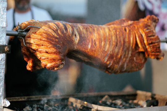 Pig Roast On Rotisserie Spit Turning Over Hot Charcoal. Golden crispy piglet rotates slowly on a traditional outdoor barbecue spit barbecue 