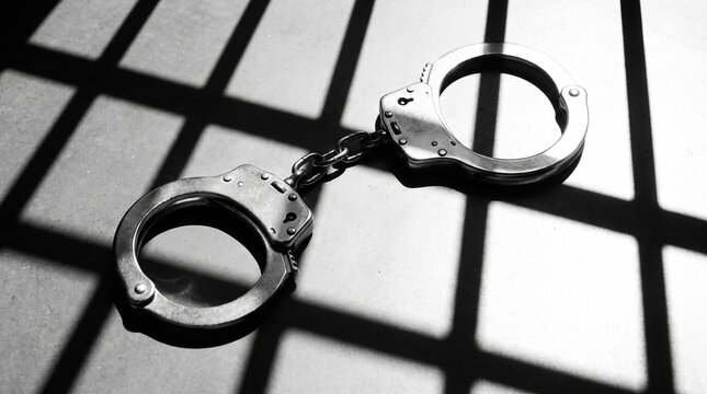 Handcuffs on the floor with prison bars shadow background