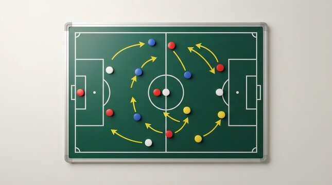 Green soccer football field tactics board showing player movement strategy