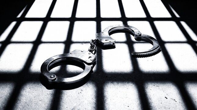 Pair of metallic handcuffs lying open on a concrete jail cell floor with prison bars shadow background