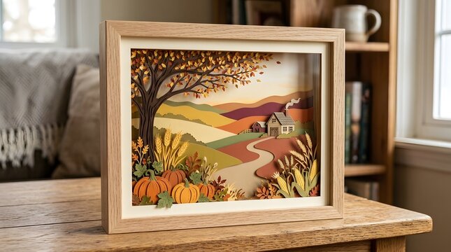Autumn landscape shadow box with pumpkins tree and house