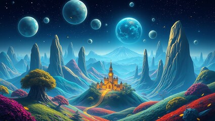 Obraz premium A breathtaking fantasy landscape showcases vibrant colors, enchanting mountains, and a mystical castle under a cosmic sky filled with planets. A perfect escape into imagination.