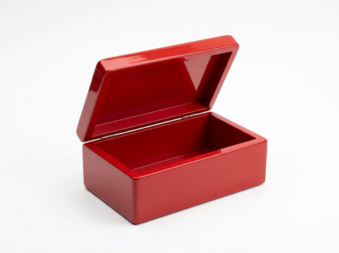 A glossy, bright red rectangular wooden jewelry box with an open lid, isolated on white background