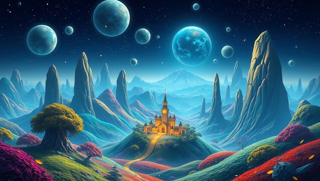 A breathtaking fantasy landscape showcases vibrant colors, enchanting mountains, and a mystical castle under a cosmic sky filled with planets. A perfect escape into imagination.