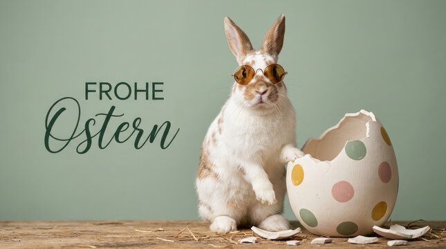 Cute rabbit wearing stylish circular sunglasses stands beside a cracked spotted egg on a rustic wooden table during spring holiday