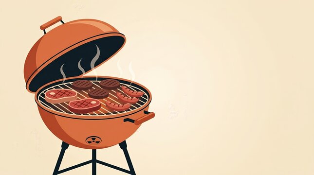 A barbecue grill with meat on a flat vector illustration for National Barbecue Month in May