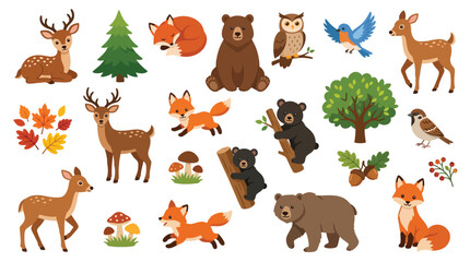 Fototapeta premium A charming collection of forest animals including deer, foxes, bears, owls, and birds, along with trees, mushrooms, and autumn leaves, rendered in a whimsical, illustrative style.