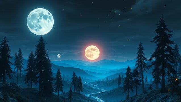 A serene and enchanting night landscape showcasing two glowing moons illuminating a winding river through a dense forest under a starry sky.