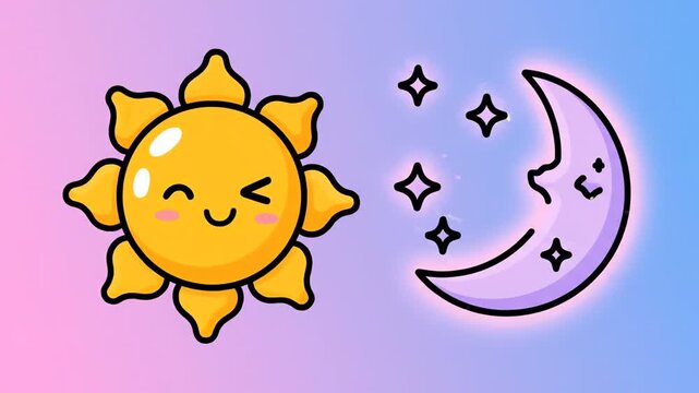 Cute cartoon sun and moon characters with facial expressions