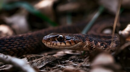 Obraz premium A close up of a snake s head with detailed scales and focused eye resting among dry leaves and twigs in a forest setting