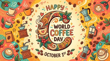 Fototapeta premium Happy world coffee day illustration with coffee cups and beans