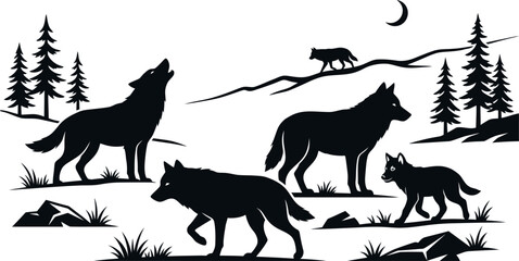 Fototapeta premium Wolf Pack Howling Silhouette Landscape Nature