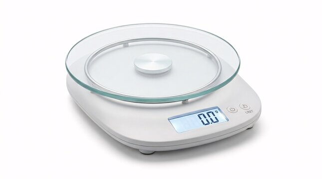 Modern white digital kitchen scale with round glass top plate isolated on white background