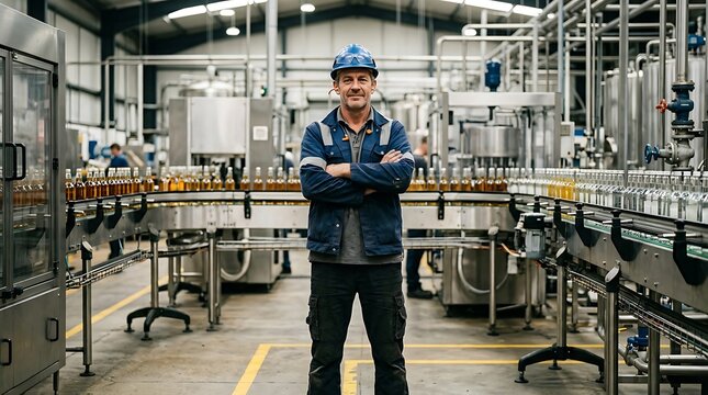 Portrait of male factory worker standing with arms crossed in drinks production factory