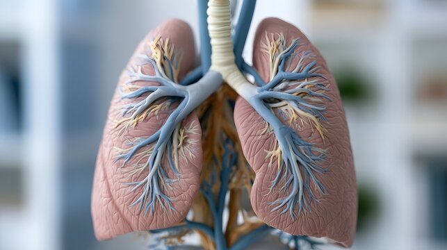 Anatomical model of human lungs showing bronchial and vascular branching with detailed surface texture