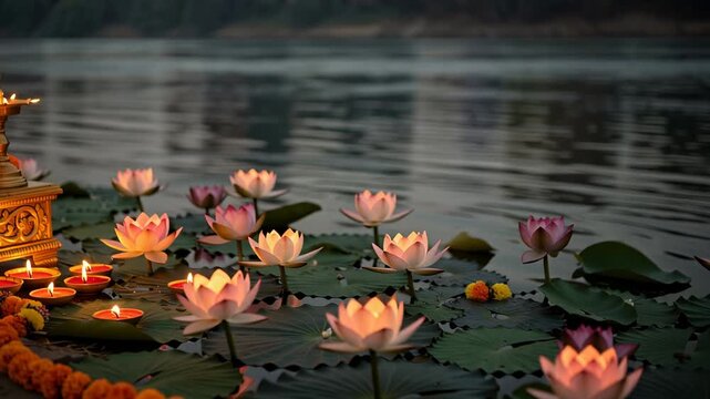 Glowing Traditional Oil Lamps And Lotus Flowers Floating On Water During Evening Festival