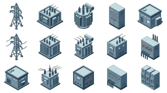 Industrial Electricity Infrastructure Icons Isometric Transformers Substations Power Lines and Electrical Equipment Collection