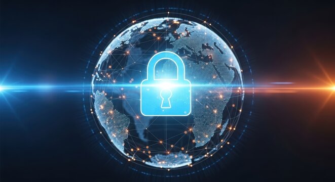 A blue lock on a globe with a beam of light illustration