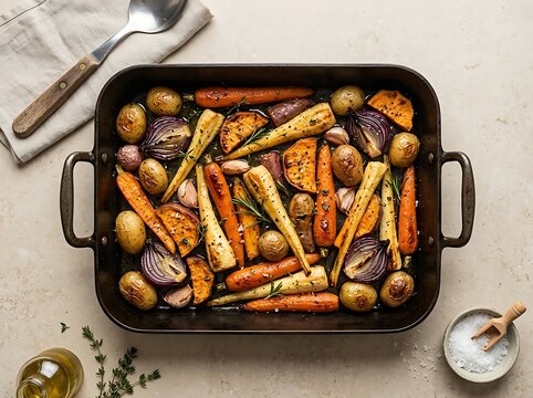 Fresh roasted vegetables with carrots parsnips and red onions in a black baking tray. roasting guide template