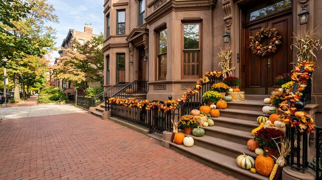 Cascading Pumpkins on Brownstone Stoop Stairs